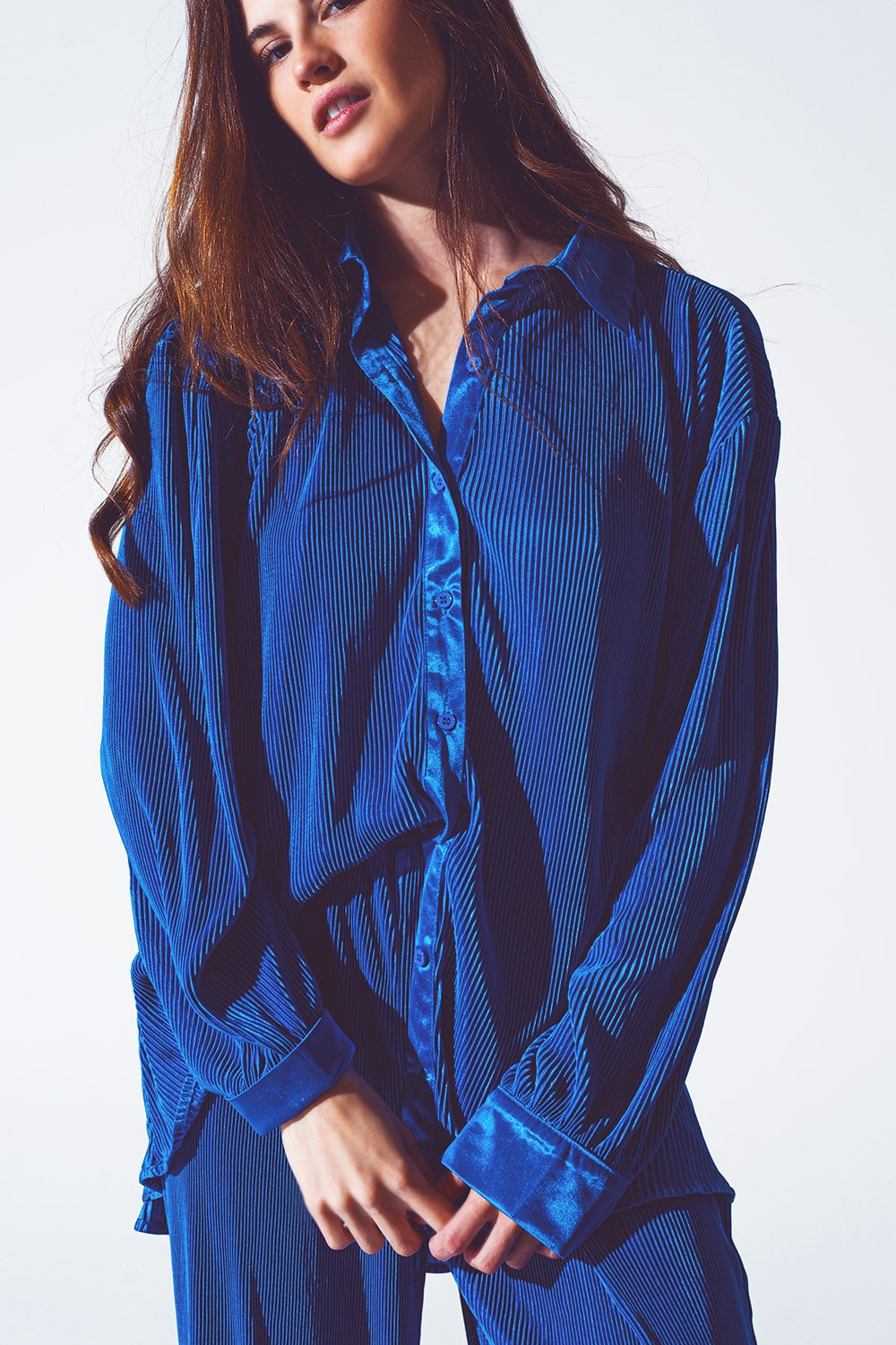 Relaxed Pleated Satin Shirt in Blue - Shirts