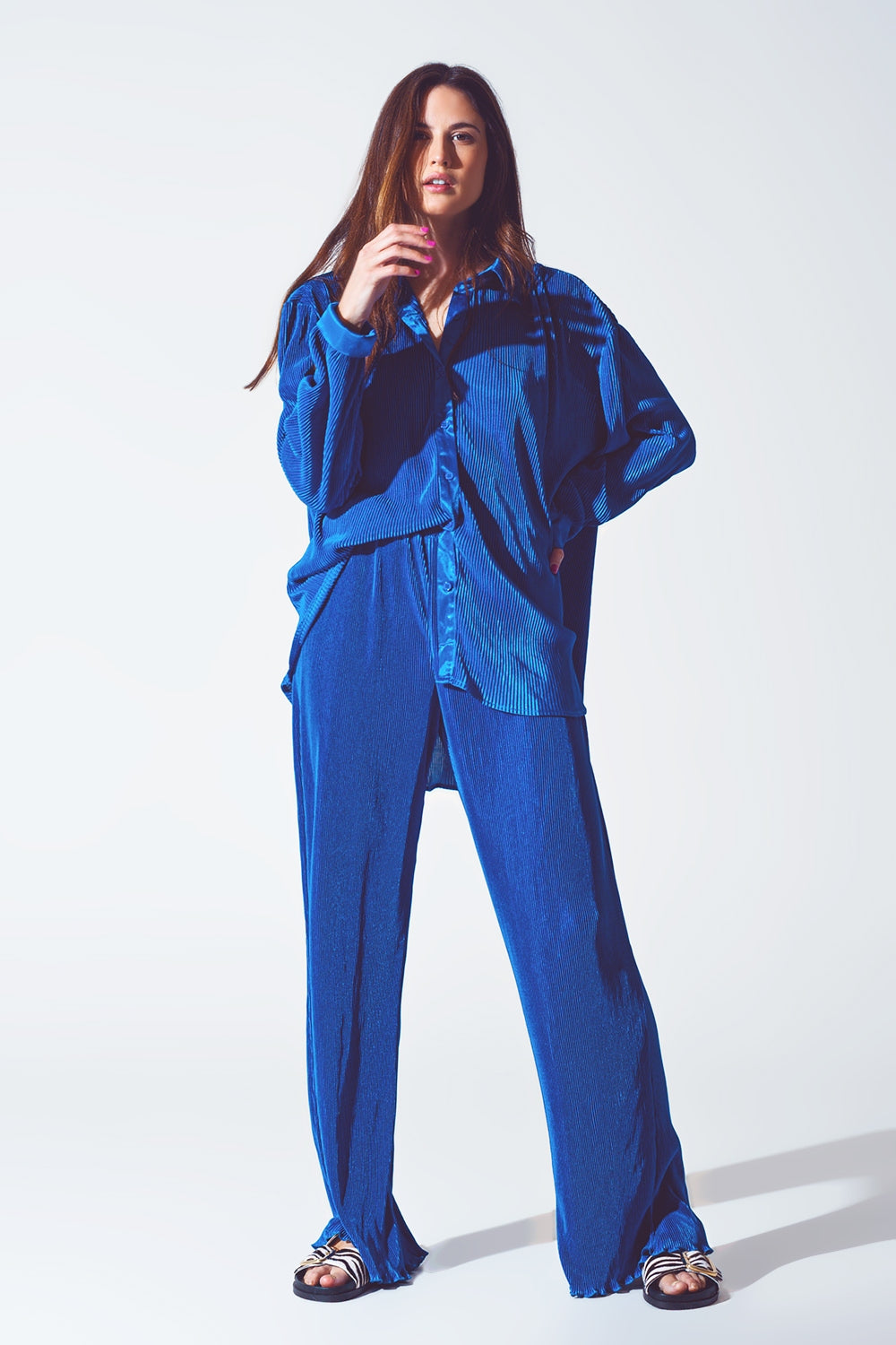 Relaxed Pleated Satin Shirt in Blue - Shirts
