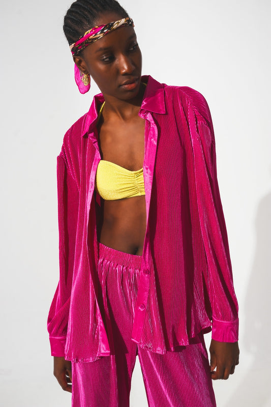 Relaxed pleated satin shirt in fuchsia - Shirts