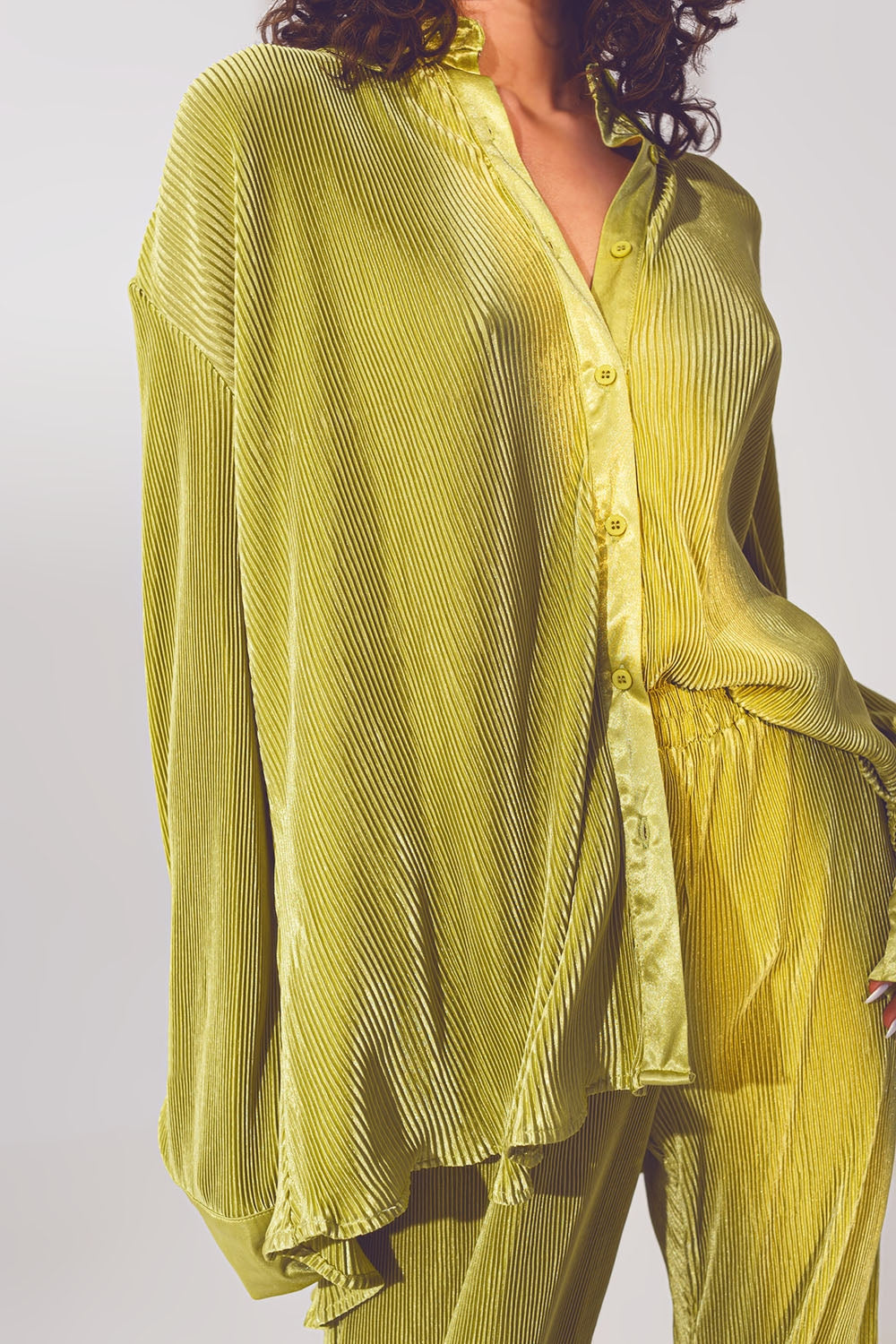 Relaxed Pleated Satin Shirt in Green - Shirts