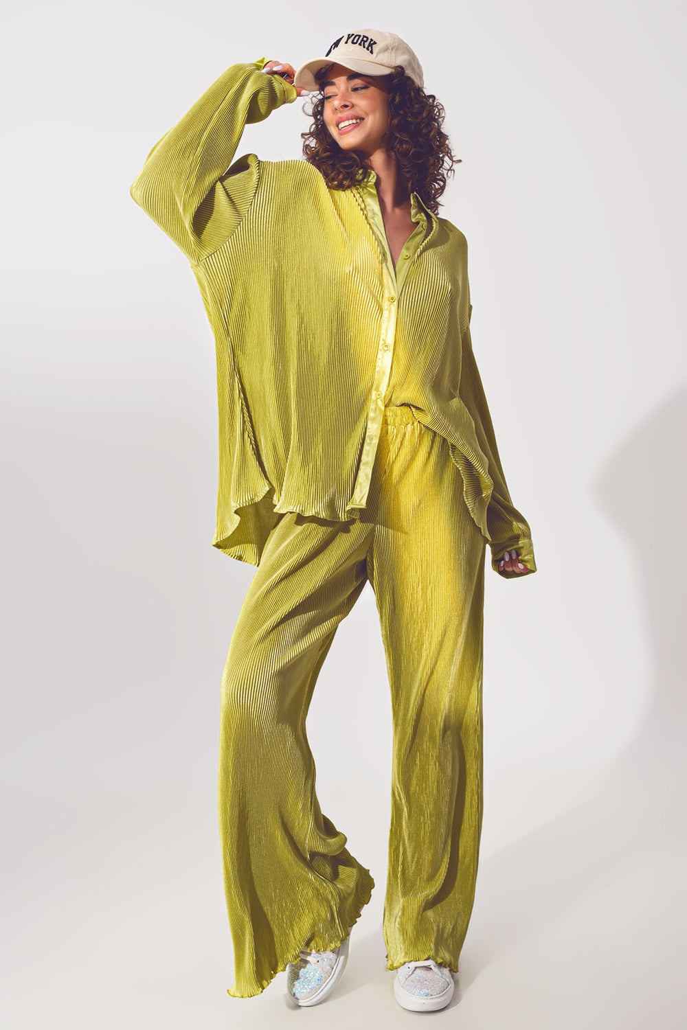 Relaxed Pleated Satin Shirt in Green - Shirts