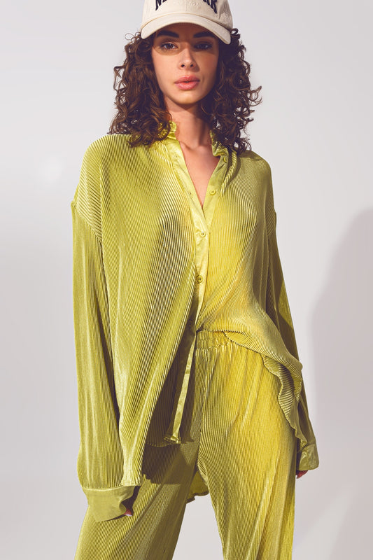Relaxed Pleated Satin Shirt in Green - Shirts