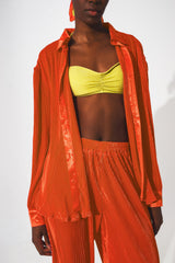 Chemise décontractée en satin plissé orange