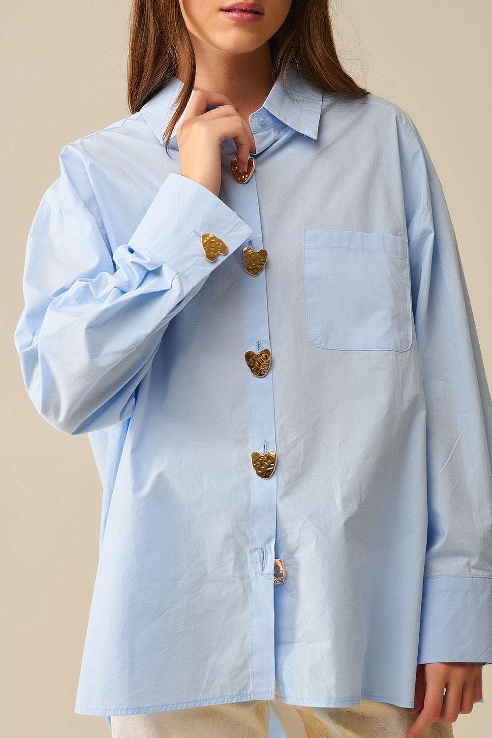 Relaxed Poplin Shirt With Gold Heart Buttons in Baby Blue - Shirts