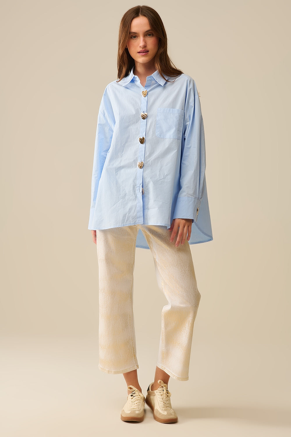 Relaxed Poplin Shirt With Gold Heart Buttons in Baby Blue - Shirts
