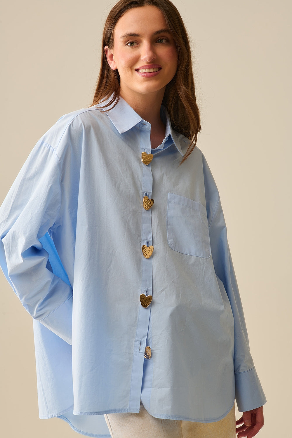 Relaxed Poplin Shirt With Gold Heart Buttons in Baby Blue - Shirts