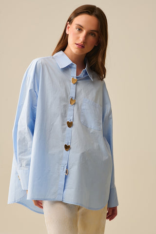 Relaxed Poplin Shirt With Gold Heart Buttons in Baby Blue