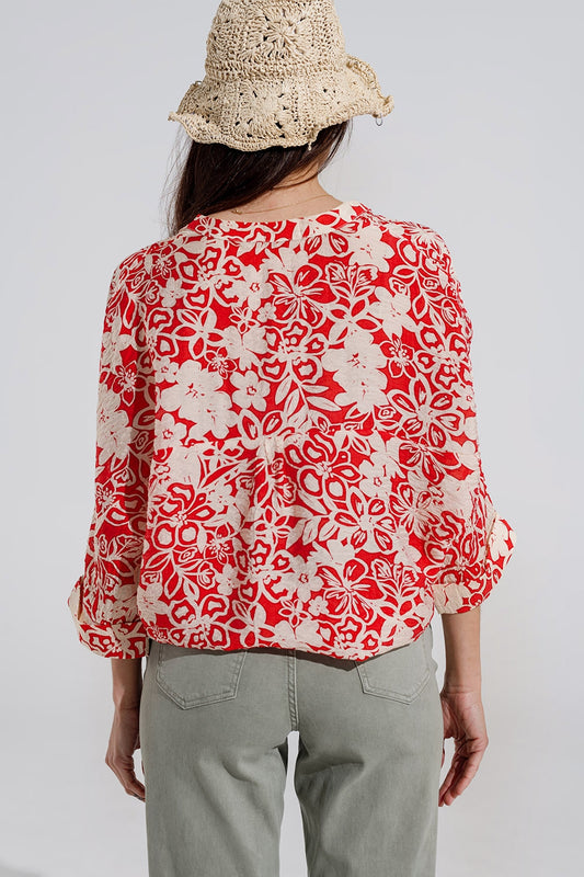 Relaxed red Floral Print Blouse With Bell Sleeves - Blouses