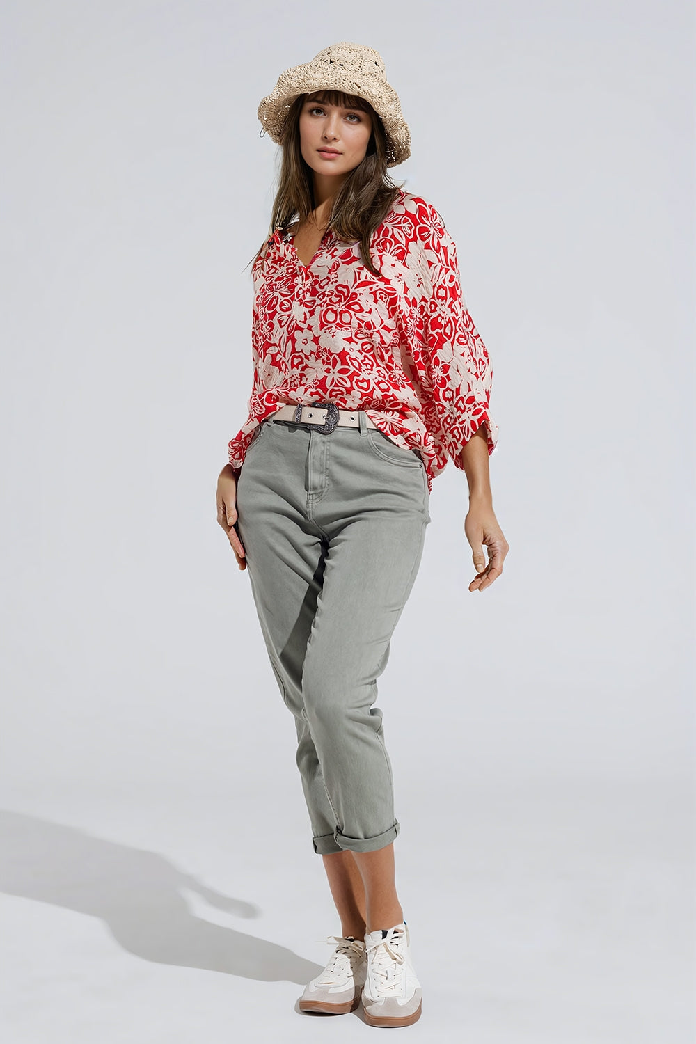 Relaxed red Floral Print Blouse With Bell Sleeves - Blouses
