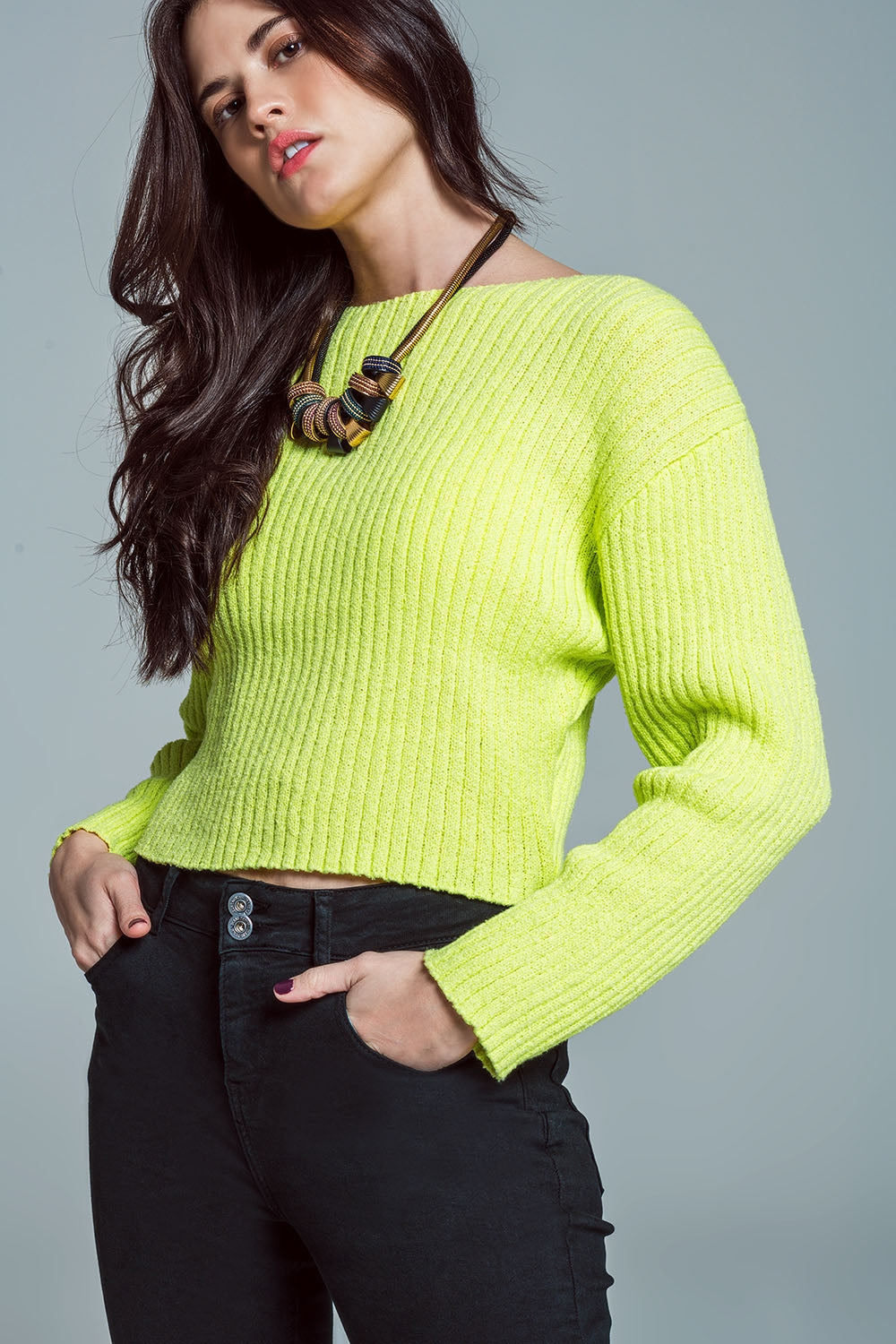 Relaxed Ribbed Boat Neck Sweater in Lime Green - Jumpers
