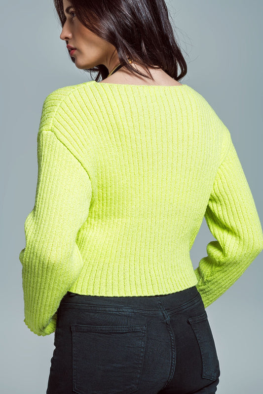 Relaxed Ribbed Boat Neck Sweater in Lime Green - Jumpers