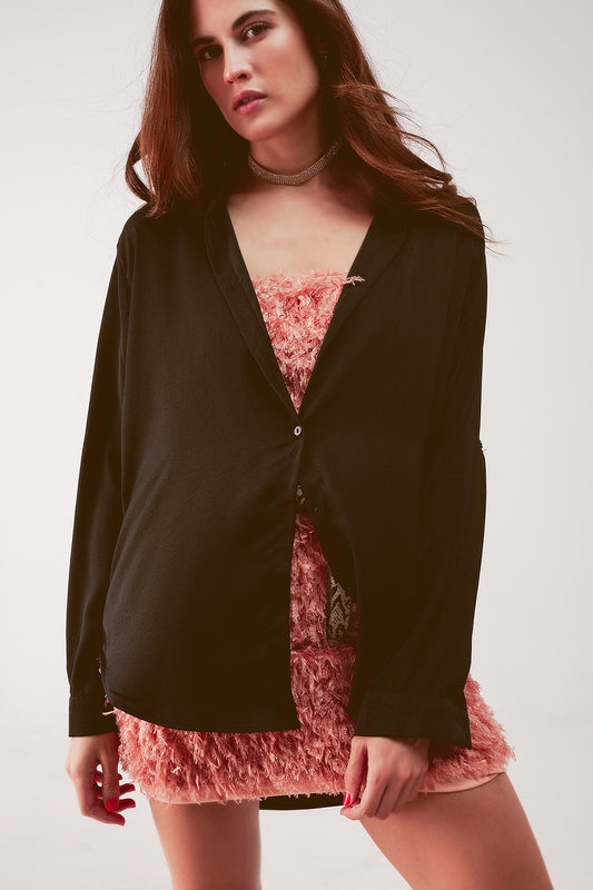 Relaxed satin long sleeve shirt in black - Shirts