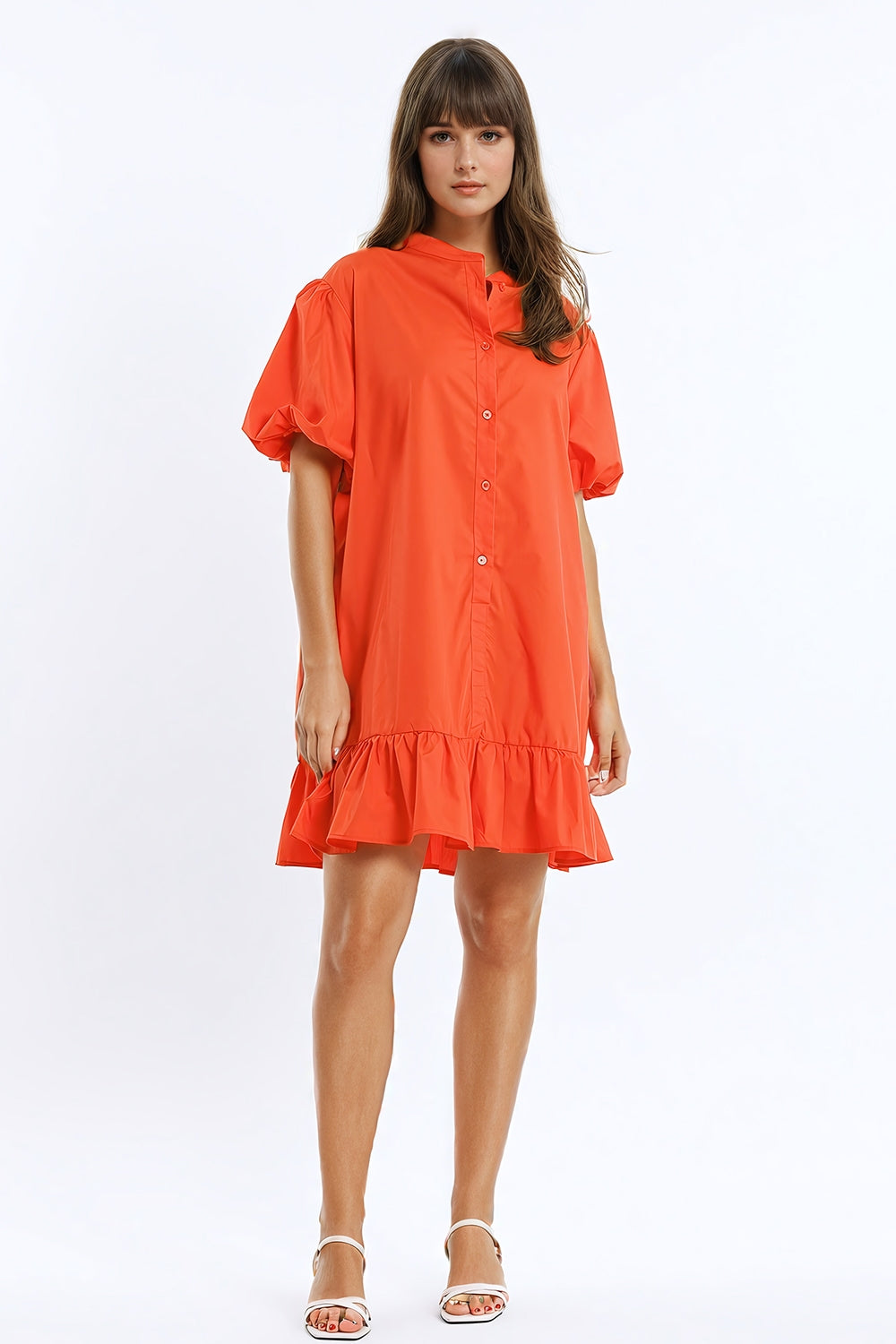 Relaxed Shirt Dress With Balloon Short Sleeves and Ruffle In Orange - Dresses