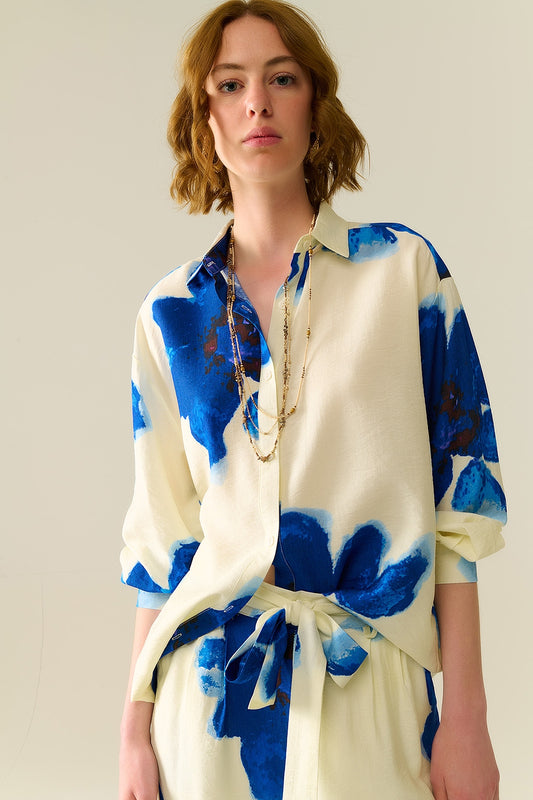 Relaxed Shirt in white With Blue Tropical Flower Print - Shirts