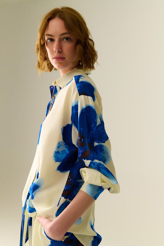 Relaxed Shirt in white With Blue Tropical Flower Print - Shirts