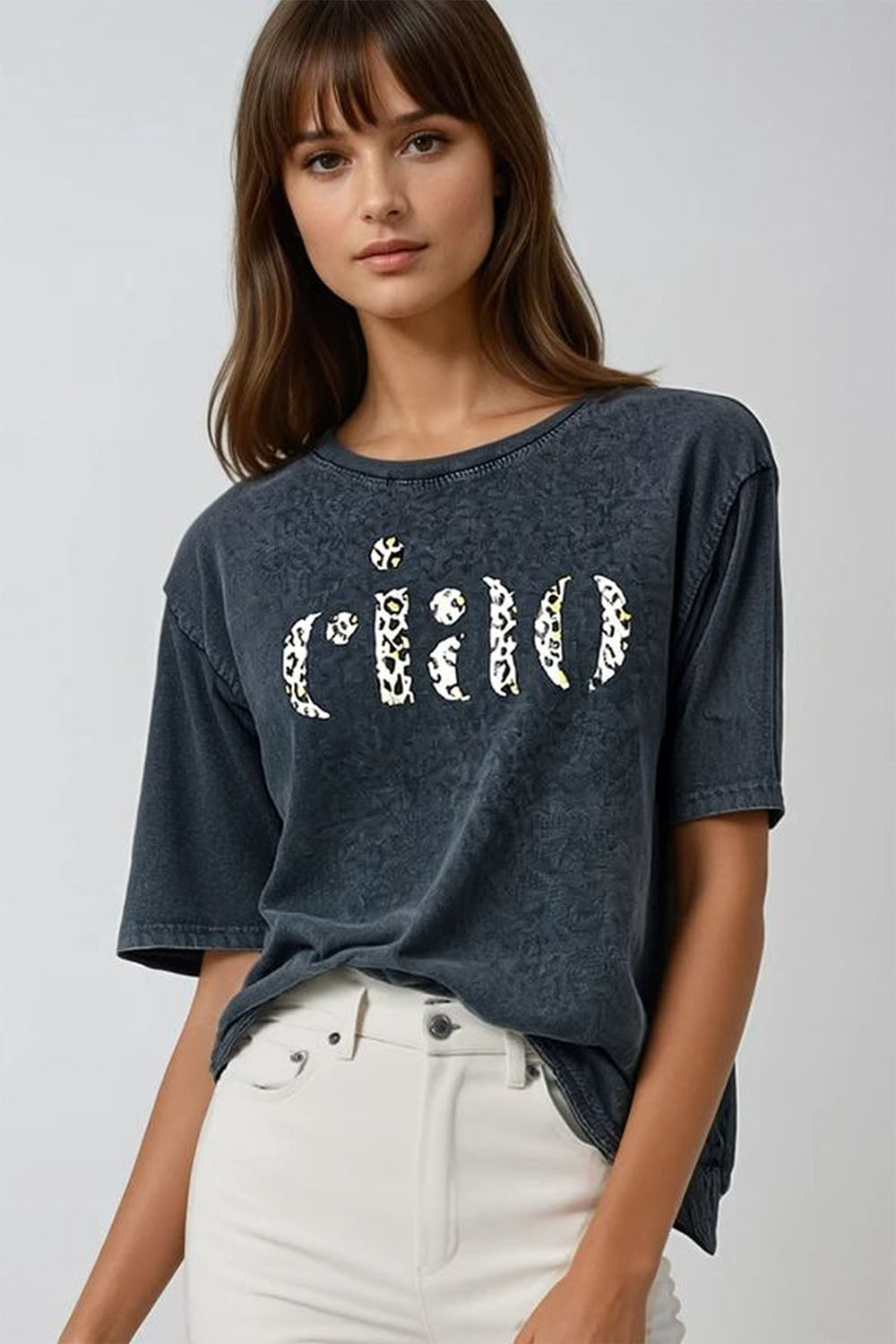 relaxed stonewashed Black T-shirt With Ciao in Leopard Print - T-Shirts