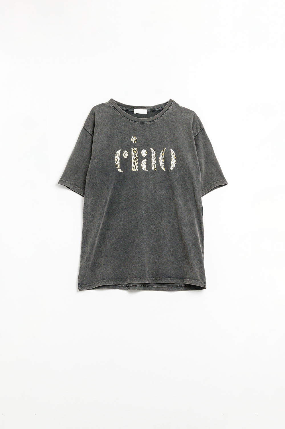 relaxed stonewashed Black T-shirt With Ciao in Leopard Print - T-Shirts