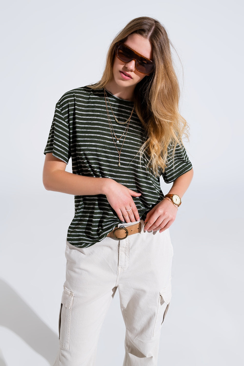 Relaxed Striped T-shirt With Crew Neckline In Khaki - T-Shirts
