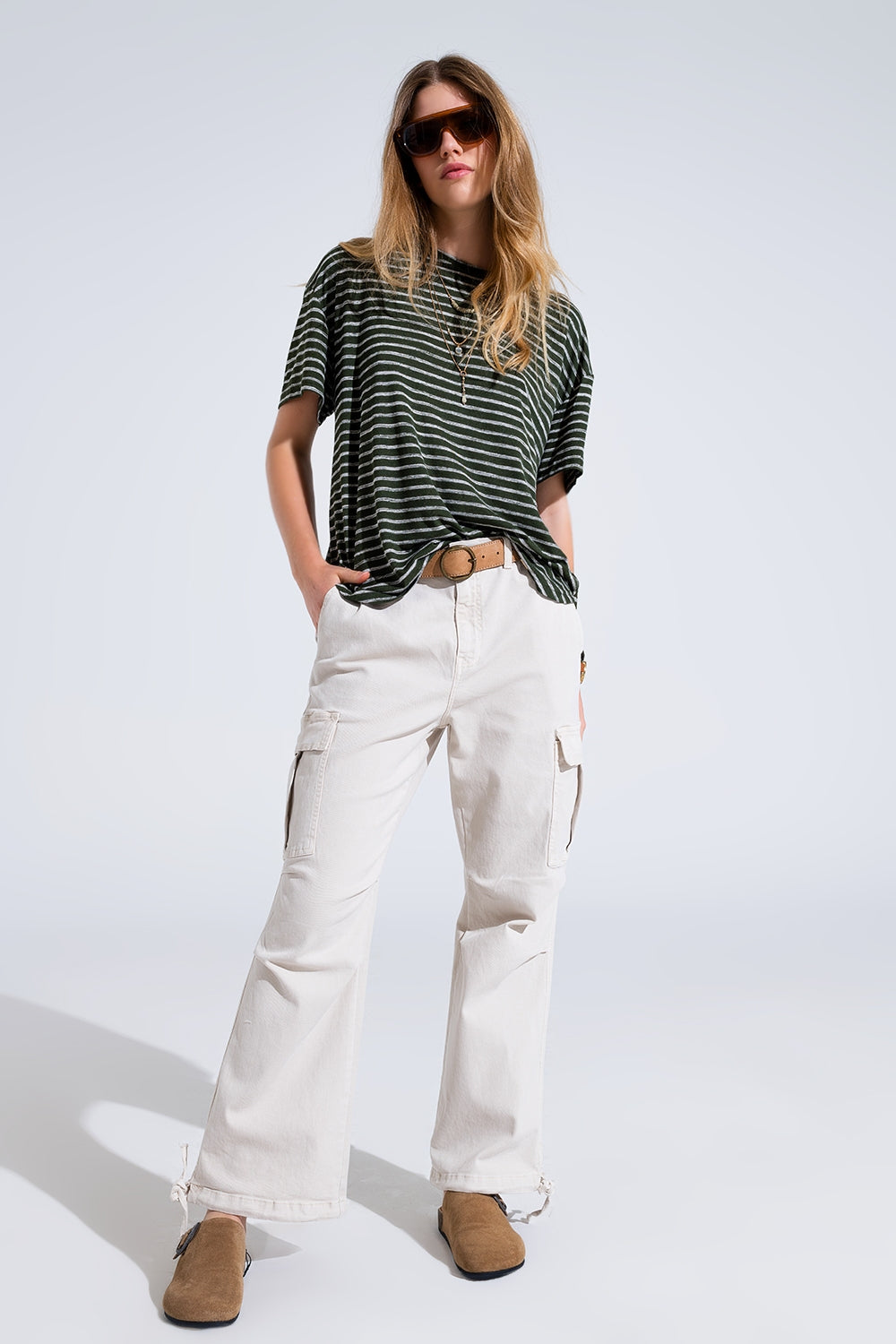 Relaxed Striped T-shirt With Crew Neckline In Khaki - T-Shirts