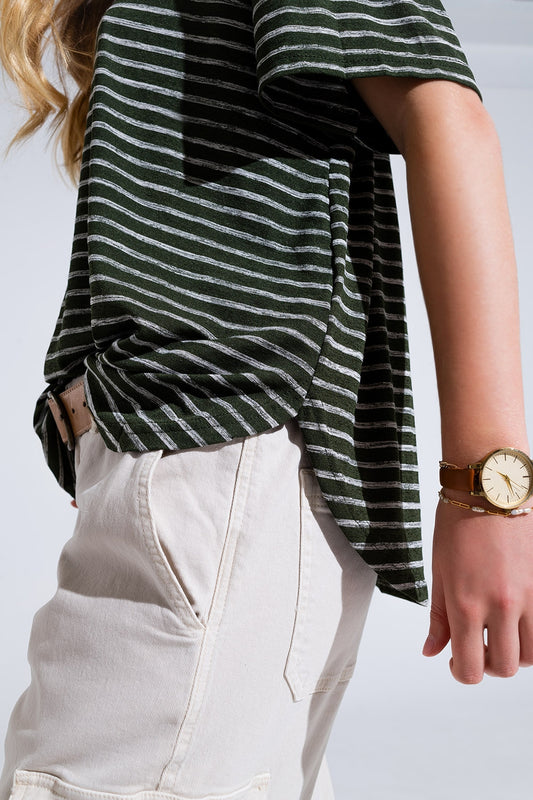 Relaxed Striped T-shirt With Crew Neckline In Khaki - T-Shirts