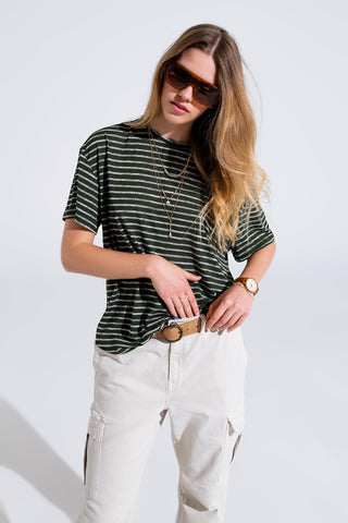 Relaxed Striped T-shirt With Crew Neckline In Khaki