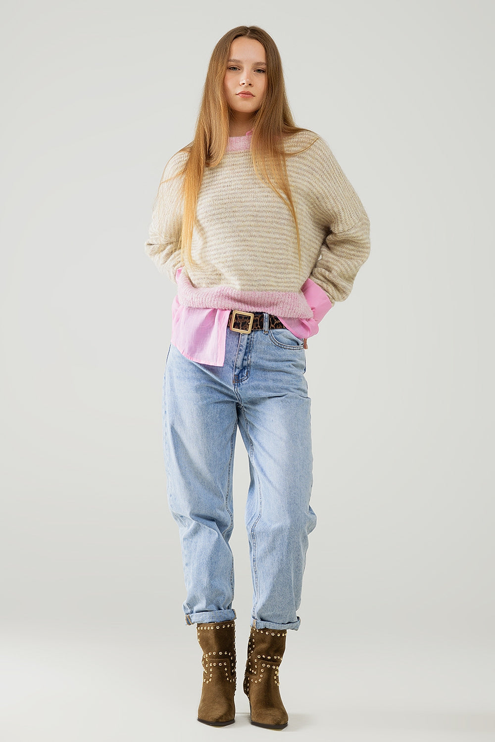Relaxed Stripey Sweater in Beige With Pink Details - Jumpers