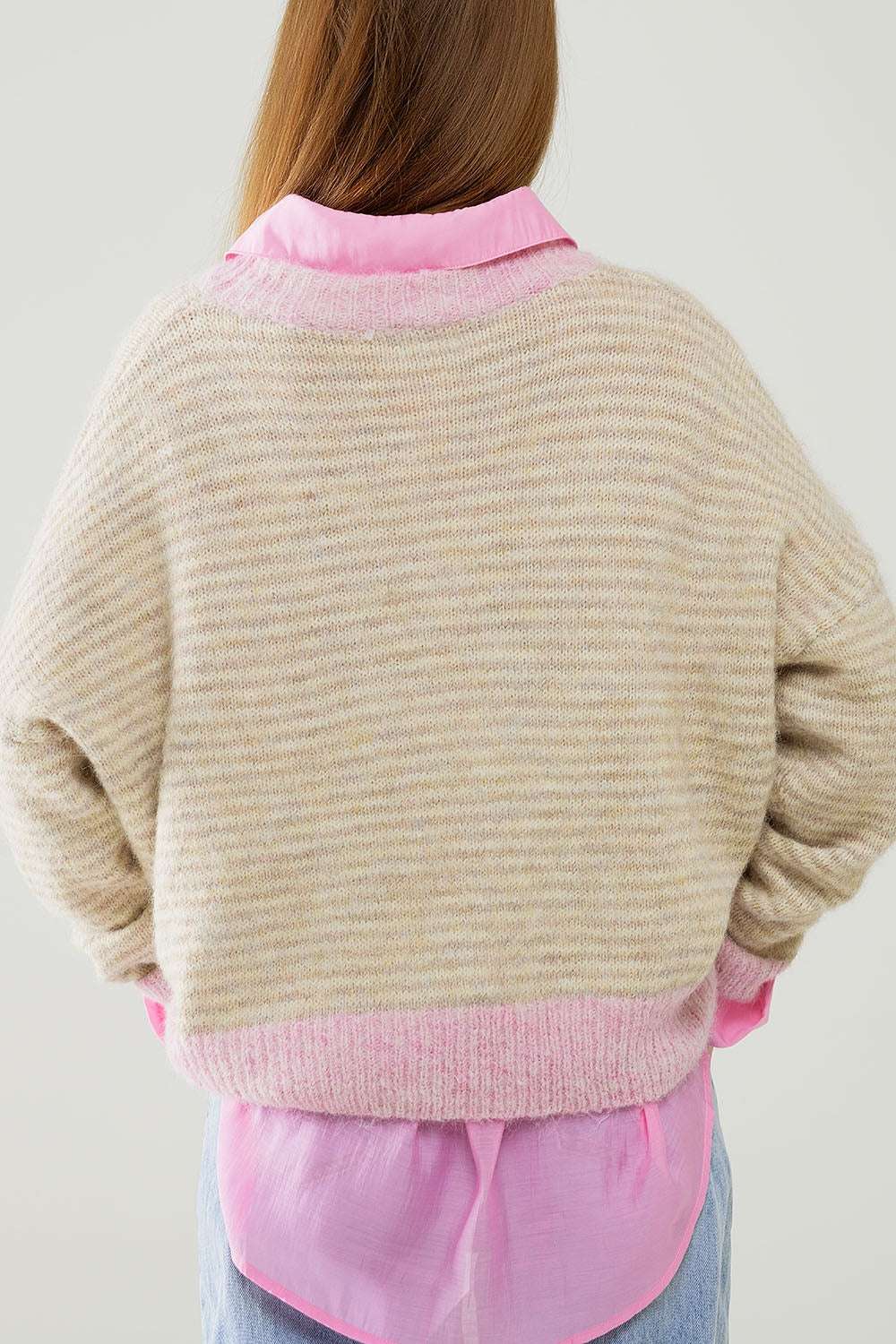 Relaxed Stripey Sweater in Beige With Pink Details - Jumpers