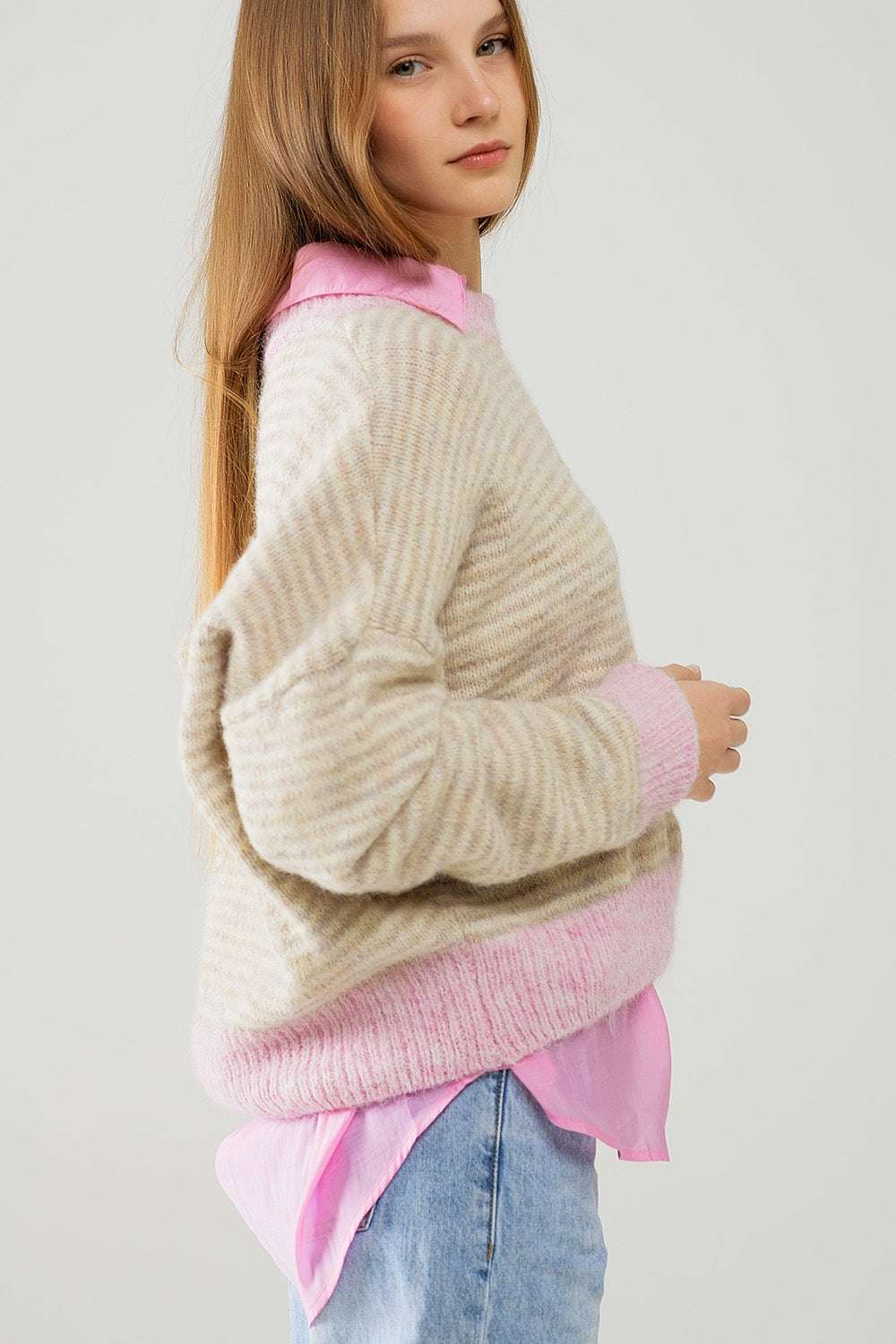 Relaxed Stripey Sweater in Beige With Pink Details - Jumpers