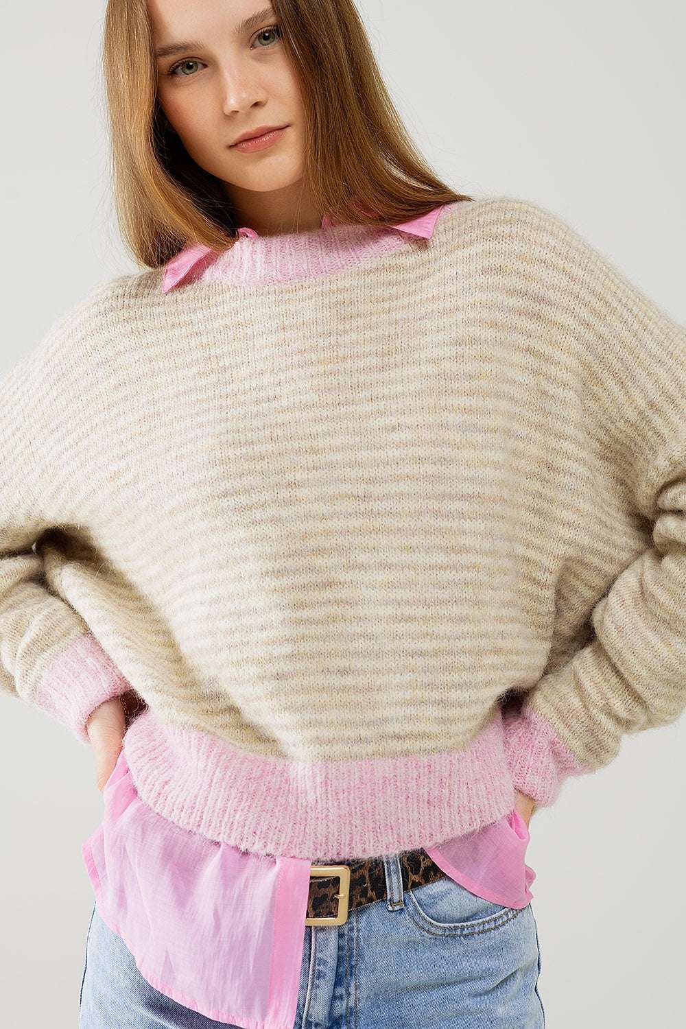 Relaxed Stripey Sweater in Beige With Pink Details - Jumpers