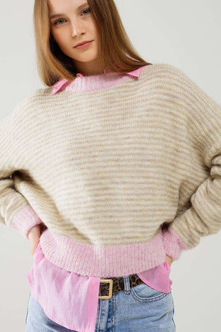 Relaxed Stripey Sweater in Beige With Pink Details