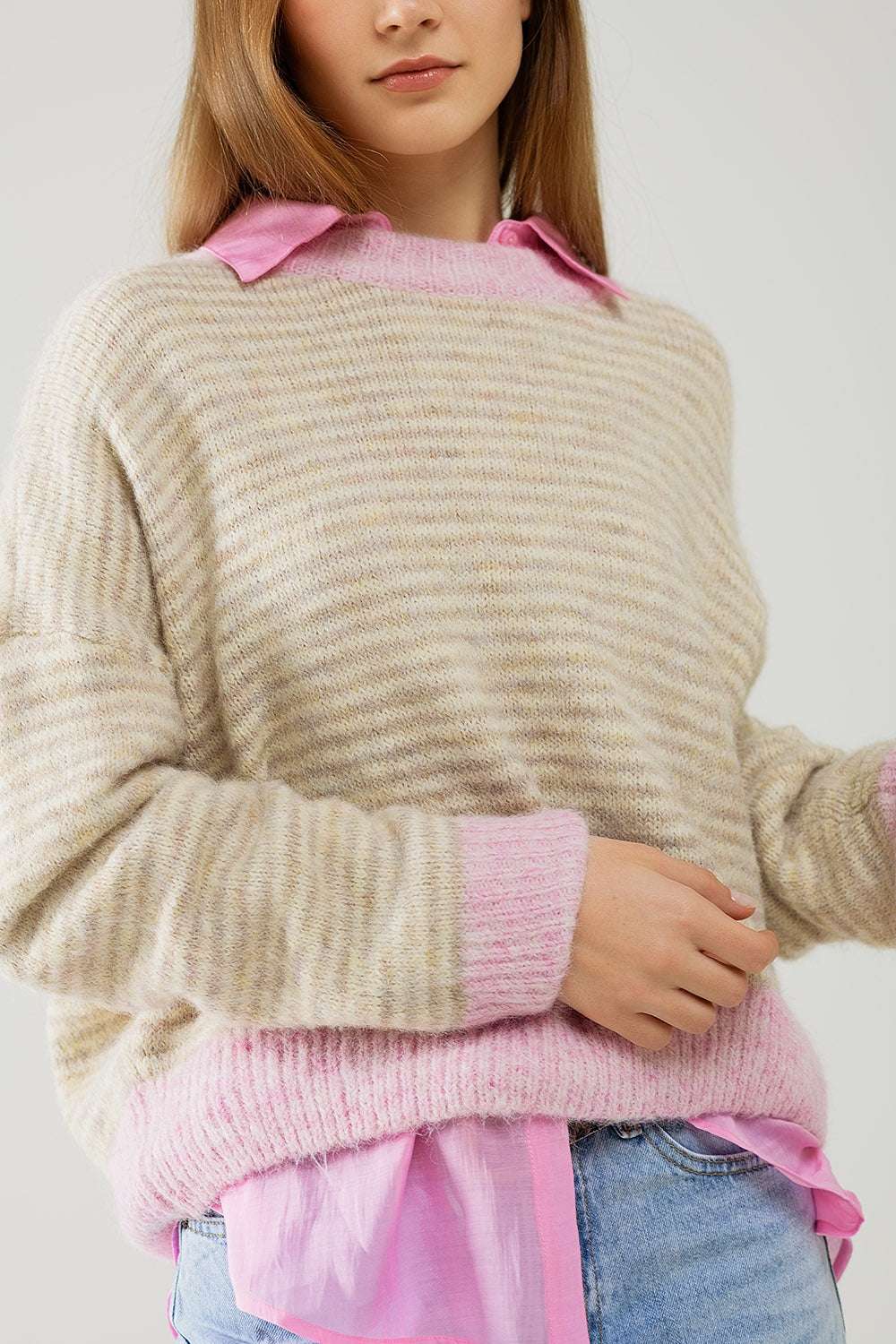 Relaxed Stripey Sweater in Beige With Pink Details - Jumpers
