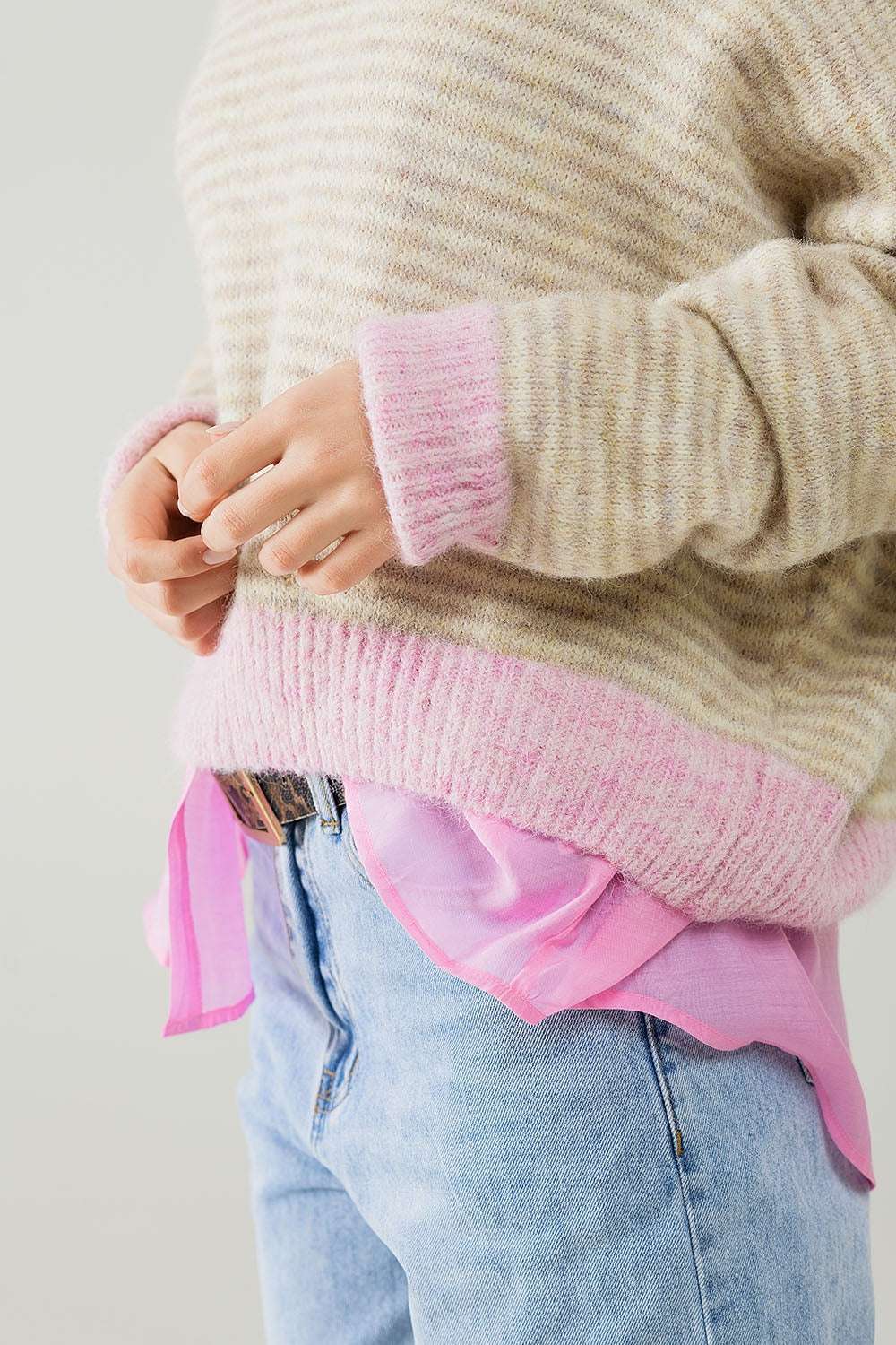 Relaxed Stripey Sweater in Beige With Pink Details - Jumpers