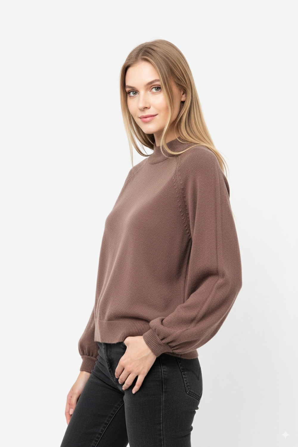 relaxed style brown jumper with balloon sleeves -