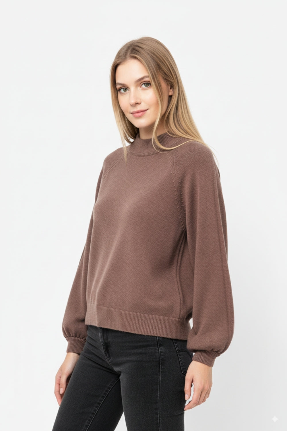 relaxed style brown jumper with balloon sleeves -
