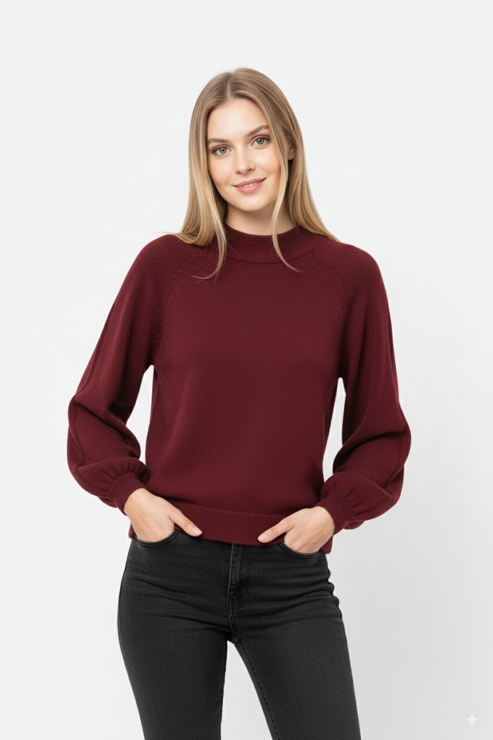 relaxed style burgundy jumper with balloon sleeves -