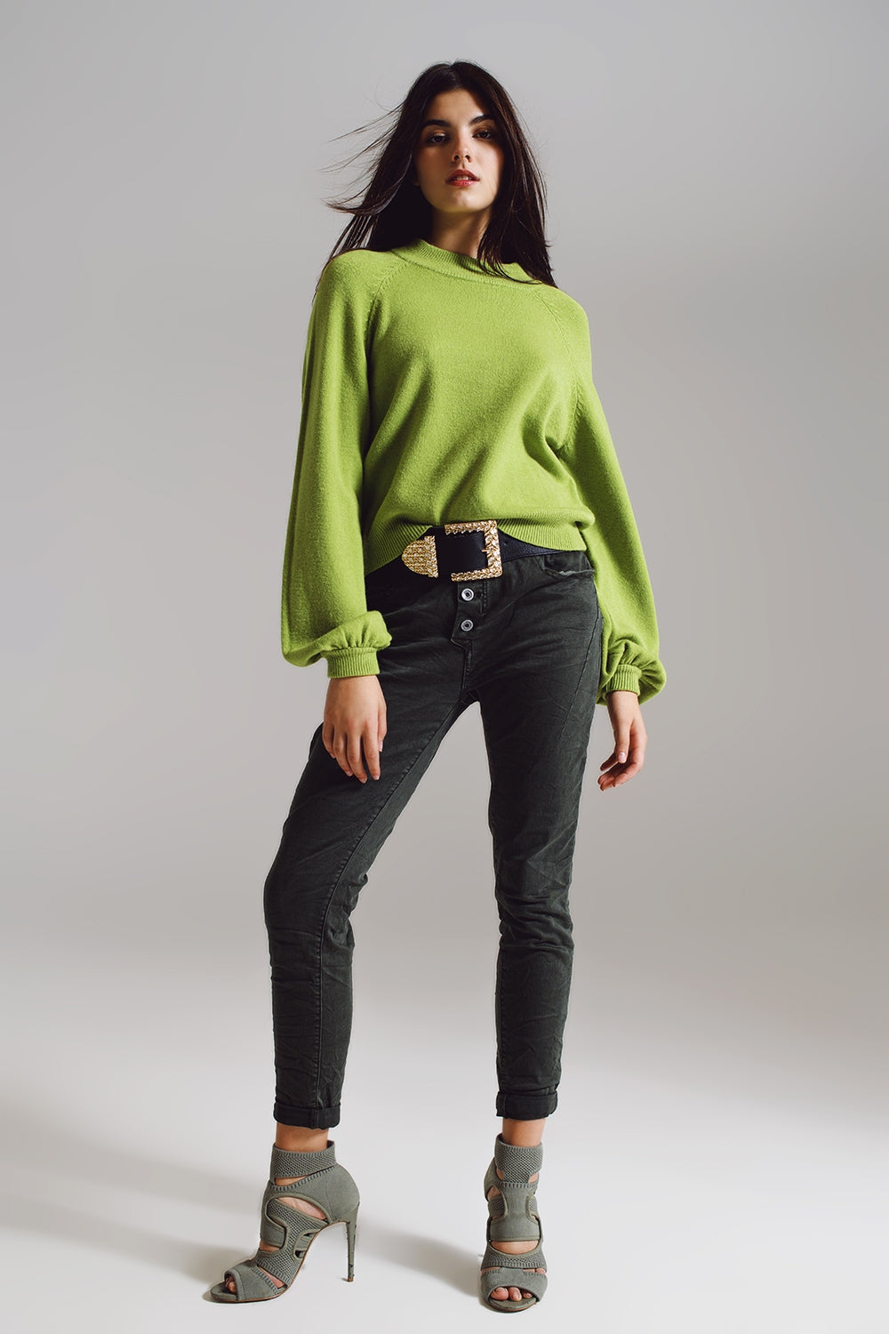 relaxed style green jumper with balloon sleeves - Jumpers