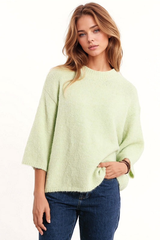 Relaxed Sweater With 3/4 Sleeve and Crew Neck in Green - Jumpers