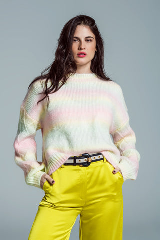 Relaxed Sweater With Ombre Print in Shades Of Pastel And Argyle Print At The Sleeves