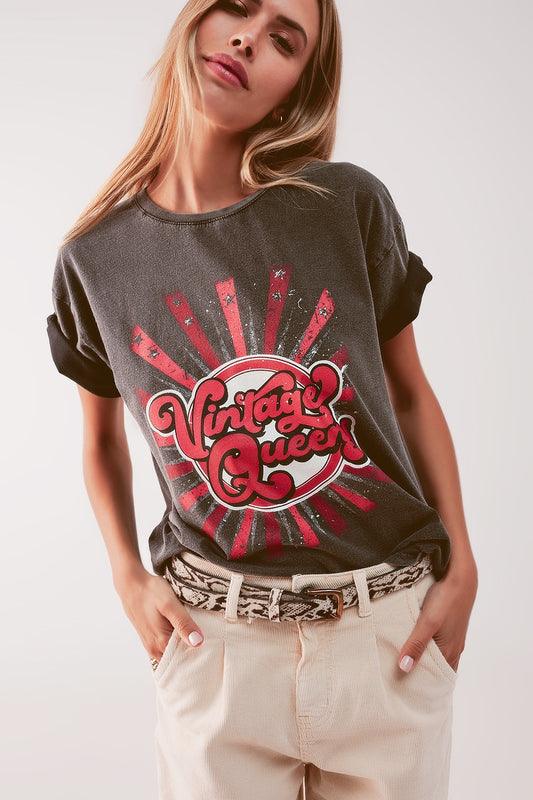 Relaxed t shirt with black Vintage Queens graphic print - T-Shirts
