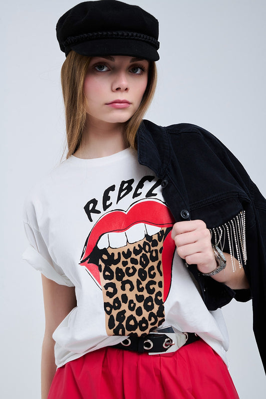 Relaxed White T-shirt With Rebel and Lips Graphic Print - T-Shirts