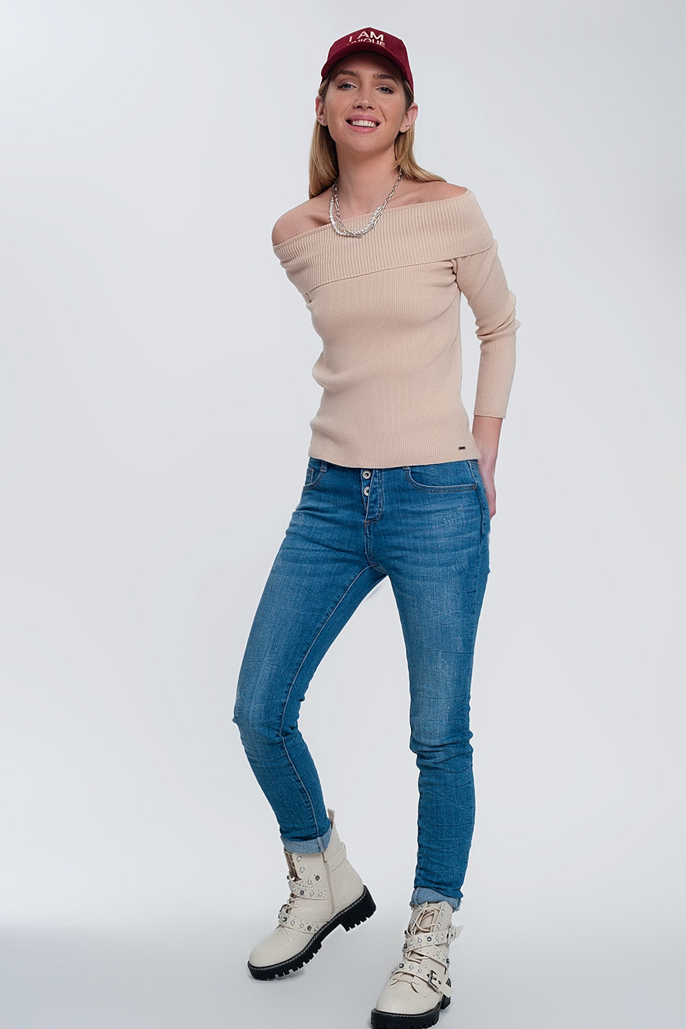 Rib bardot jumper in beige - Jumpers
