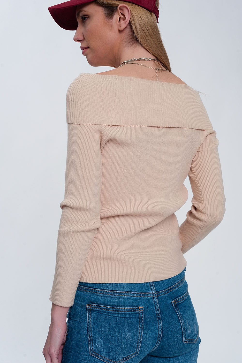 Rib bardot jumper in beige - Jumpers
