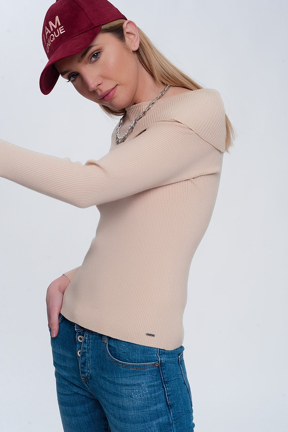 Rib bardot jumper in beige - Jumpers