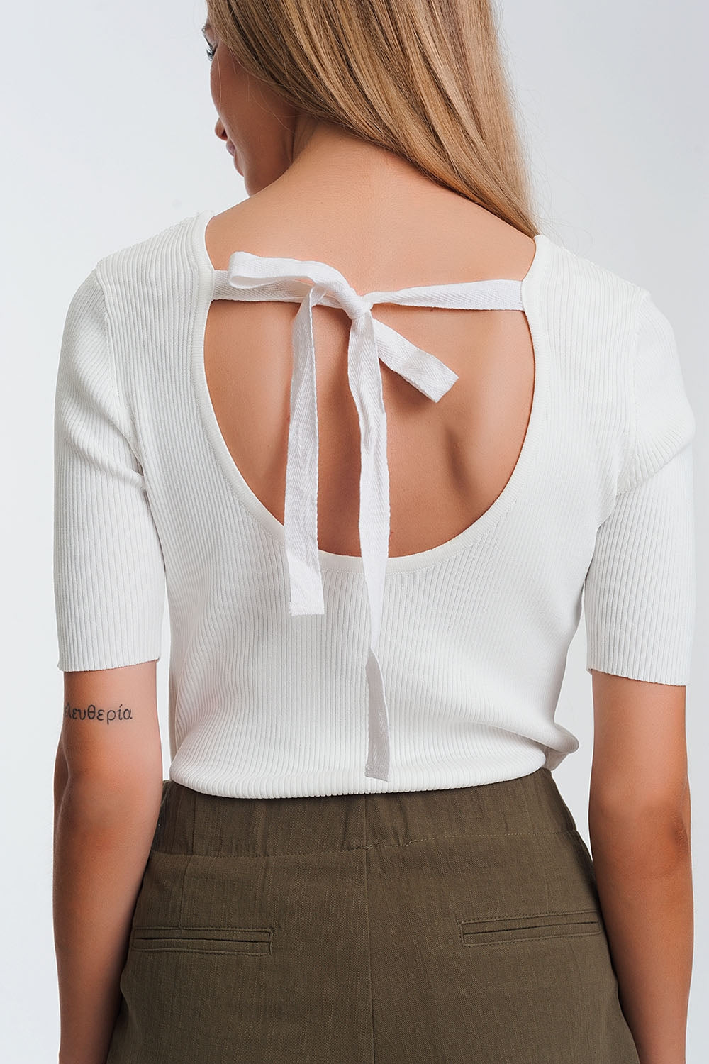 Rib knitted sweater with tie back in cream - Jumpers