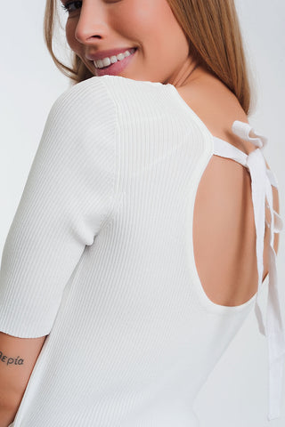 Rib knitted sweater with tie back in cream
