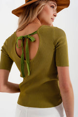 Rib knitted sweater with tie back in green