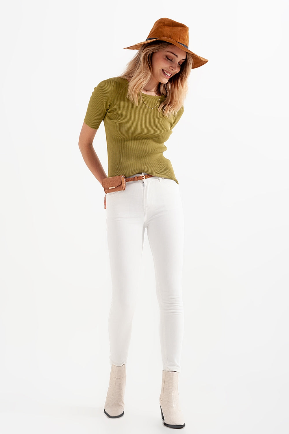 Rib knitted sweater with tie back in green - Jumpers