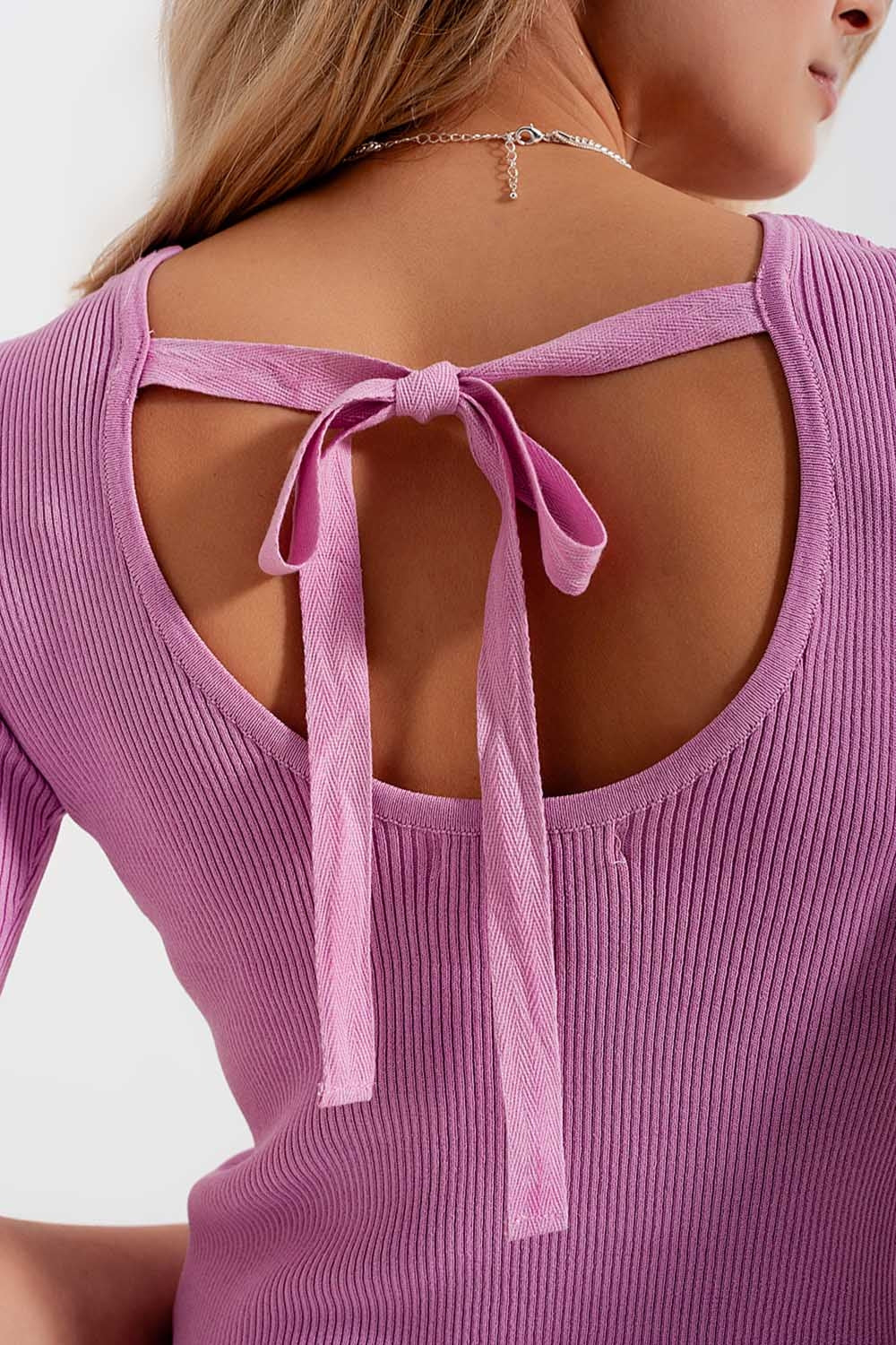 Rib knitted sweater with tie back in pink - Jumpers