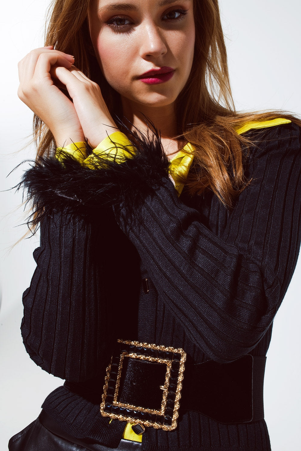 Ribbed cardigan with with feathers and gold buttons - Cardigans