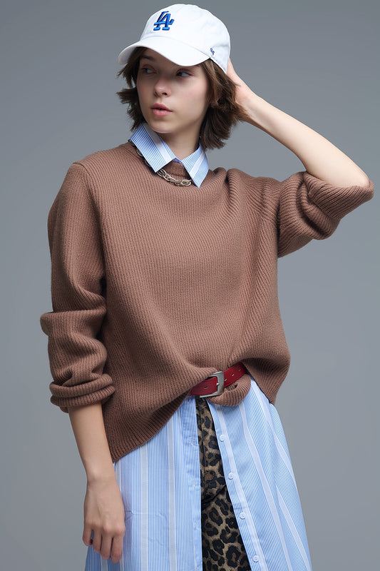 Ribbed Comfy Knit Sweater in Camel - Sweaters